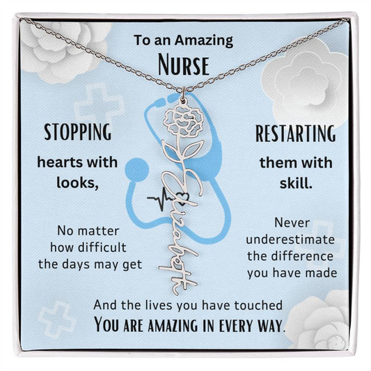"To an Amazing Nurse" Personalized Birth Flower Name Necklace