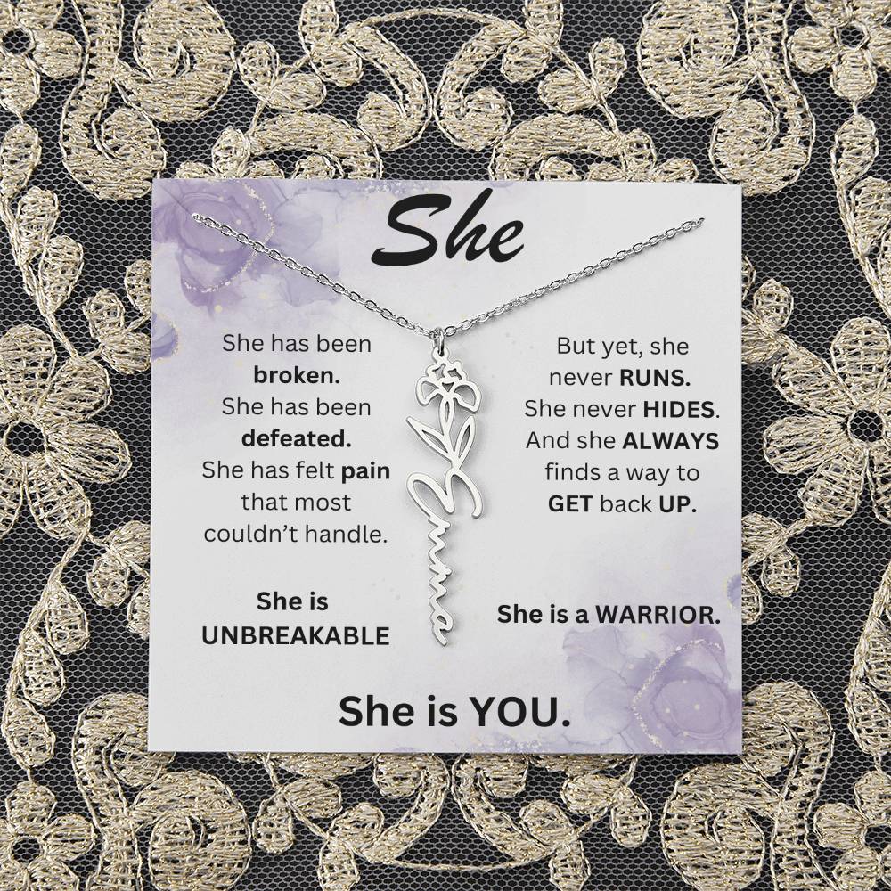"She" Birth Flower Name Necklace