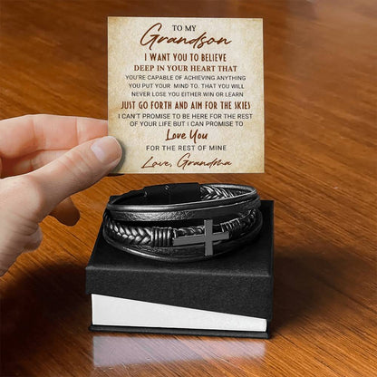"Believe in You" Men's Cross Leather Bracelet Gift for Grandson