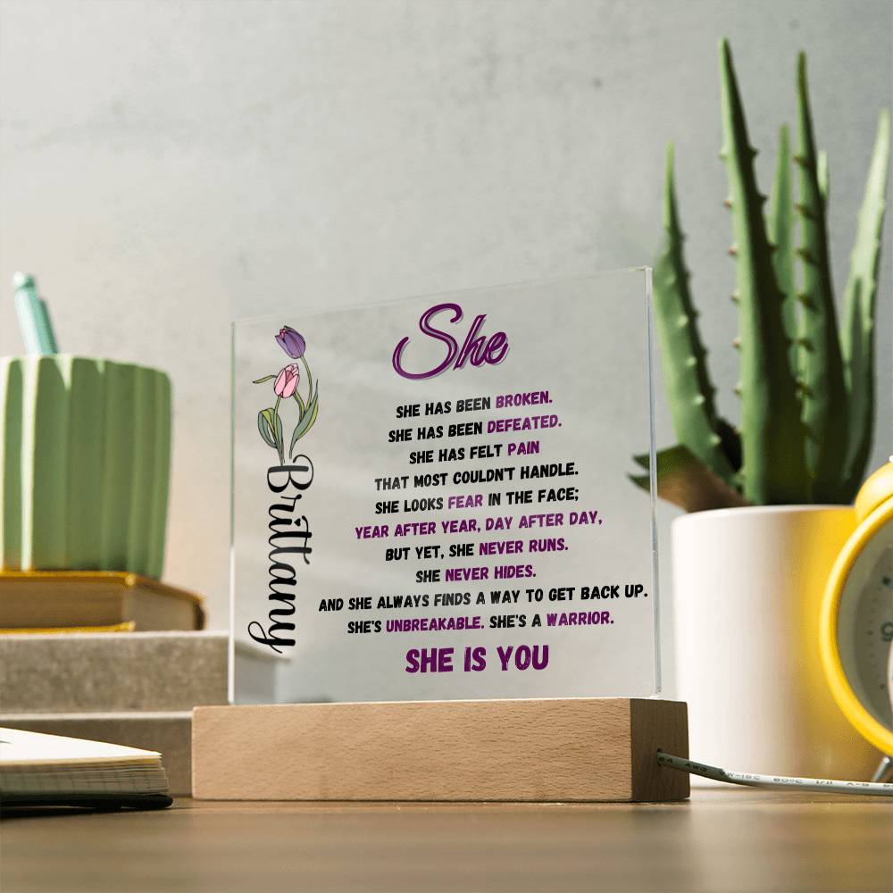 "She" Personalized Name and Birth Flower Acrylic Decor