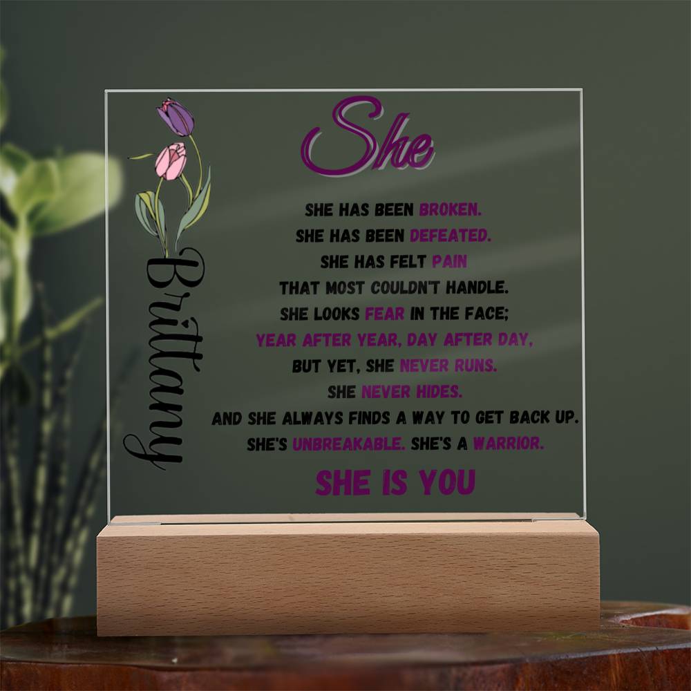 "She" Personalized Name and Birth Flower Acrylic Decor
