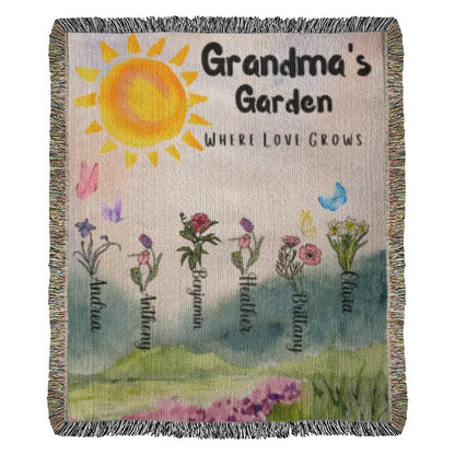 "Garden Where Love Grows" Personalized Gift for Grandmother Heirloom Woven Blanket (Portrait)