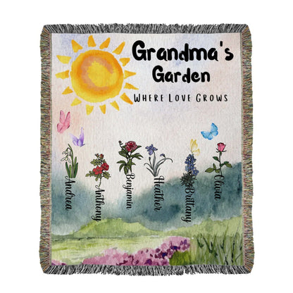"Garden Where Love Grows" Personalized Gift for Grandmother Heirloom Woven Blanket (Portrait)